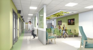 A visual representation of what the new adult waiting area will look like with green walls, ceiling lights and numbered clinic doors
