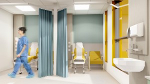 A visual representation of what the clinical area will look like with green walls and yellow seating