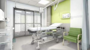 A visual representation of what a new clinical bay will look like with a green feature wall and screened glass doors