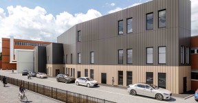 Artist's impression of the external view of York Hospital's new hybrid theatre and MRI facility.