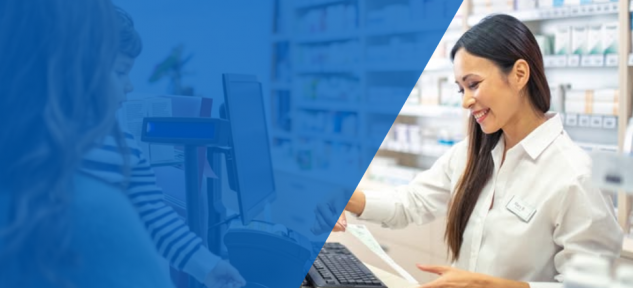 A pharmacist helping a parent and child.