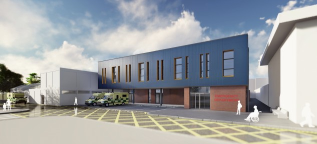 A visual representation of what the outside of the new Emergency Department front at York Hospital will look like with a two storey front and ambulance bays parked in front