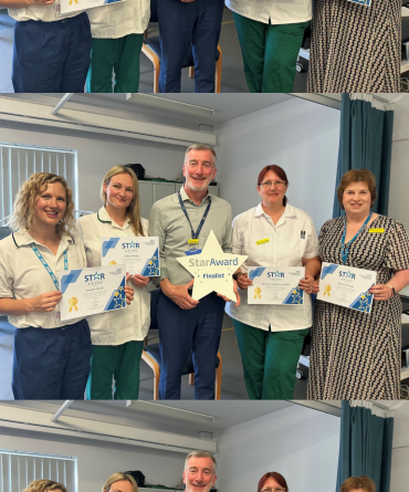 Star Award winners Dr Marina Platts, Sarah Taylor, Jodie Young, and Bev Clapson-Walker receiving their awards from Andrew Betram, Finance Director and Deputy Chief Executive.