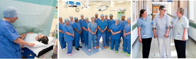 A collage of three images, one showing a patient undergoing a caesarean, one showing a team of surgical staff in blue scrubs, and one showing two healthcare professionals helping a patient on crutches.