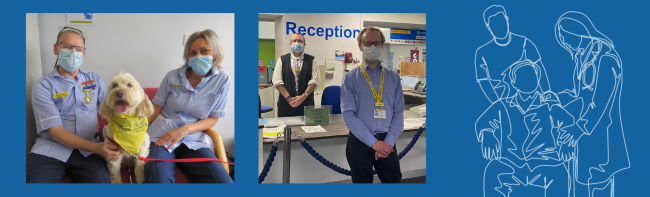 A blue banner image with a photo of volunteers with a pet therapy dog, a photo of a volunteer at York Hospital main reception and a graphic of a volunteering helping a patient in a wheelchair