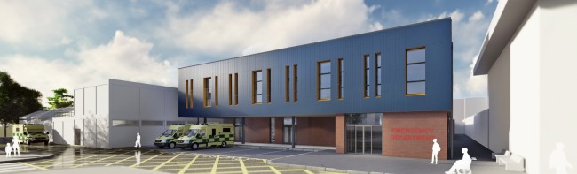 A visual representation of what the outside of the new Emergency Department front at York Hospital will look like with a two storey front and ambulance bays parked in front