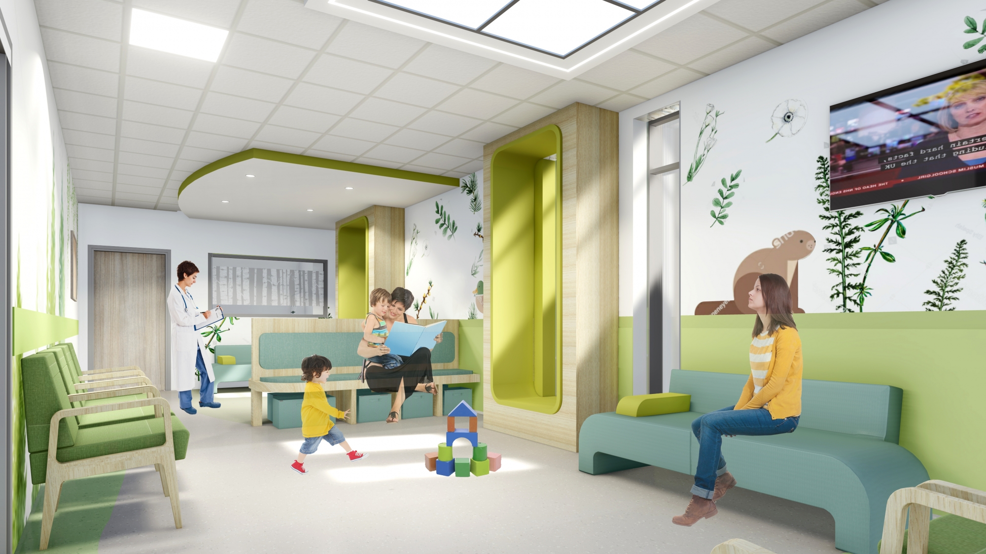 A visual representation of what the new children's waiting area will look like with images on walls, green seating and skylights
