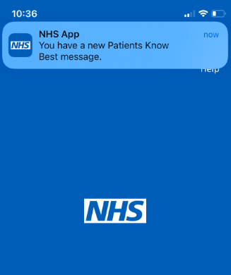 A screenshot from a phone receiving the notification 'NHS App. You have a new Patients Know Best message.'