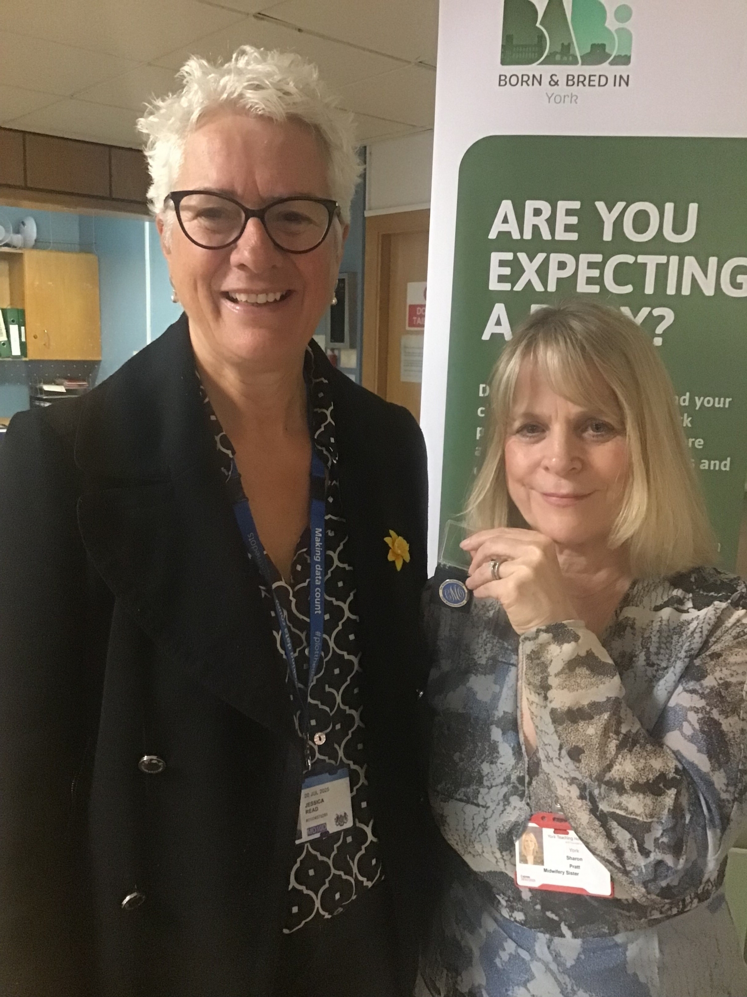 Jess Read from NHS England presents York Midwife Sharon Pratt with her award for going ‘above and beyond’ during a complex delivery.